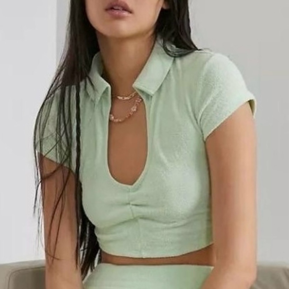 NWT Urban Outfitters Out From Under Ari Ruched Collared Top Green Womens Size M